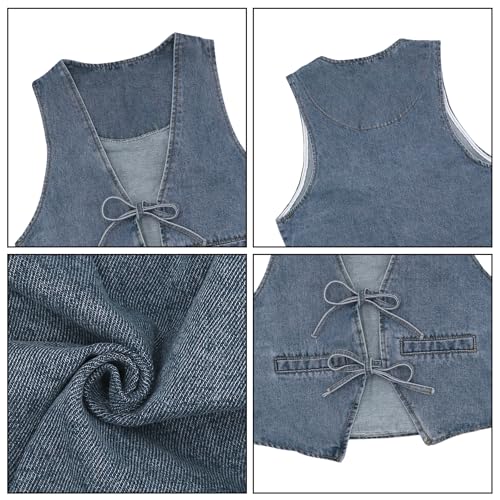 BOLLEY JOSS Women Tie Front Tops Y2k Vintage Denim Vest Vintage V Neck Solid Washed Jean Tank Crop Tops4