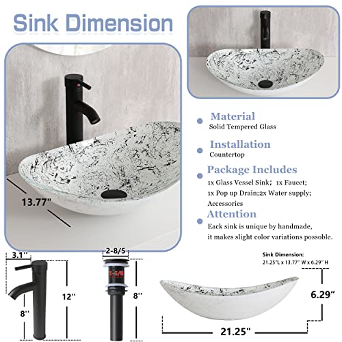 Hiomiestiy Bathroom Artistic Vessel Sink Oval Tempered Glass Vessel Sink Vanity Above Counter Top Mount Basin With Black Faucet And Pop-Up Drain Combo #TOP2