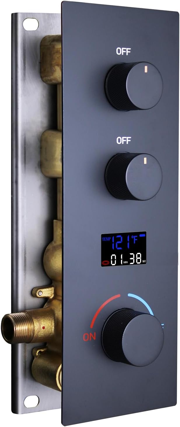 AYIVG 2 Way Pressure Balance Shower Diverter Mixing Valve Kit Digital Display Temperature Shower Valve Brass Matte Black Shower Rough-in Mixer Valve Concealed Shower Flow Control Replacement Valve