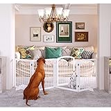 JSB 96-inch Extra Wide 30-inch Tall Dog gate with Door Walk Through, Freestanding Pet Gate for Halls, Stairs & Home, Pet Puppy Safety Dog Fence with 2PCS Support Feet (White)