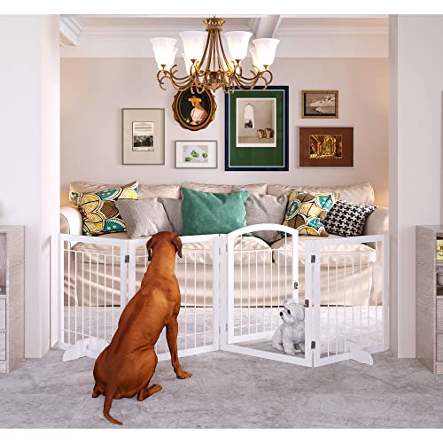 JSB 96-inch Extra Wide 30-inch Tall Dog gate with Door Walk Through, Freestanding Pet Gate for Halls, Stairs & Home, Pet Puppy Safety Dog Fence with 2PCS Support Feet (White)