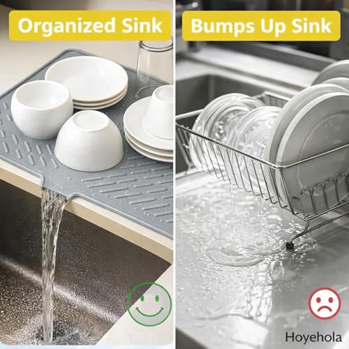 Image of Extra Large Silicone Dish Drying Mat for Kitchen Countertop (58 x 43 cm) | Built-in Drain Lip Water Draining Utensil Mat | Heat-Resistant, Anti-Slip Sink & Counter Protection Mat (Gray)