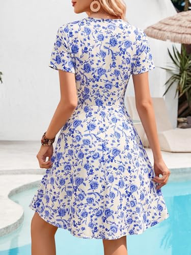 Image of MSBASIC Womens Summer Wrap V Neck Casual Dresses Floral Short Sleeve A-Line Midi Sundress
