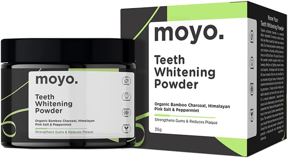 Moyo Activated Charcoal Teeth Whitening Powder | 100% Natural Teeth Whitening Product | Spearmint & Himalayan Pink Salt | 35g