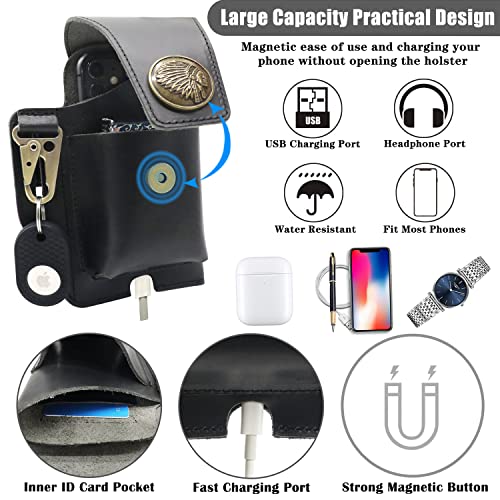 Suohu Leather Phone Holster With Belt Clip, Flip Belt Phone Case With Magnetic Closure For Iphone 14/13 Pro Max, Cell Phone Belt Holder For S22 Plus, Universal Leather Phone Pouch Cases (Black) #TOP3