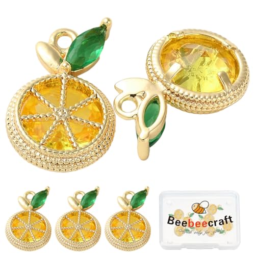 Beebeecraft 1 Box 10Pcs Lemon Charms 18K Gold Plated Brass Cubic Zirconia Yellow Fruit Charms Leaf for Jewelry Making Necklace Bracelet
