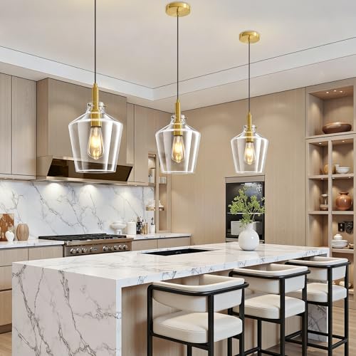 Image of Glass Pendant Lighting for Kitchen Island Entryway 3 Pack Gold Clear 8 Inch | Adjustable cord Dimmable, E26 bulbs, Rust-resistant Damp Rated For Bathrooms, 5-Year Manufacturer Warranty, UL Certification