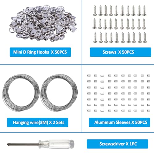 Image of YHYZ D Ring Picture Hangers Sets(60 Sets ), D Ring Hooks + Screws + Hanging Wire + Crimping Loop Sleeves + Screwdriver, for Painting Photo Pictures Clock Artwork Mirrors Cross-stitch
