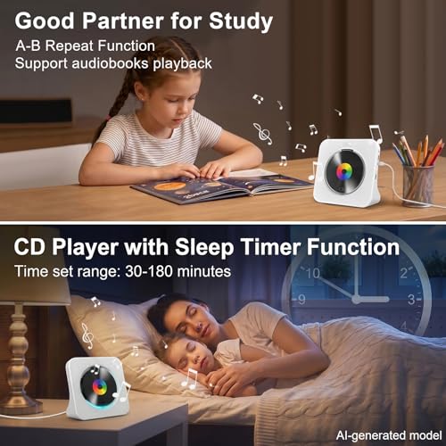 Image of Gueray CD Player Portable Bluetooth Desktop CD Player for Home with Timer Built-in HiFi Speakers with LCD Screen Display Boombox FM Radio USB Type-c (White)
