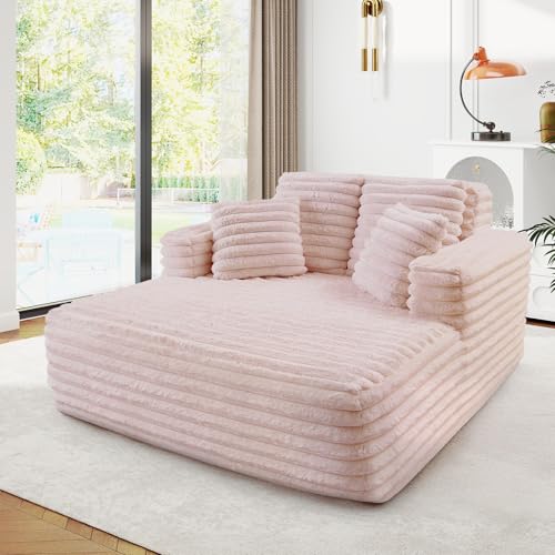 Image of JEEOHEY 56 inch Oversized Chaise Lounge Chair Indoor,Plush Faux Fur Sleeper Sofa Couch Bed with Pillows&Wide Armrests,Fluffy Comfy Cloud Couch,Compression Foam Couch for Living Room,Bedroom(Pink)
