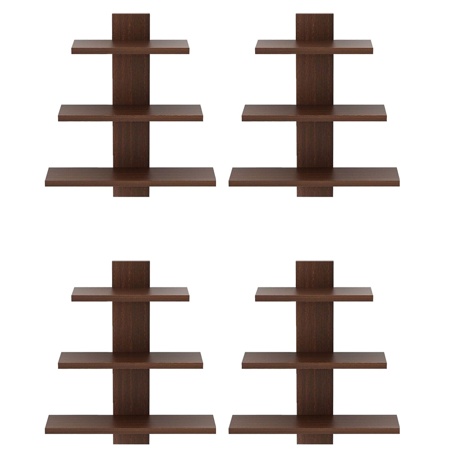 Kuber Industries Wooden Wall Shelf|Multipurpose Tree Shape Display Rack|Engineered Wood Mount 3 Tier Shelves for Office & Home Décor (Brown) (Pack of 4)