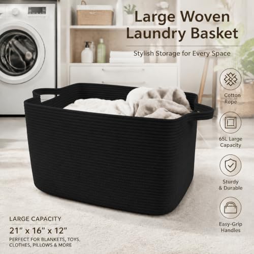 HZFTJOY 65L Large Laundry Basket with Handles,Woven Blanket Basket,Black - 4