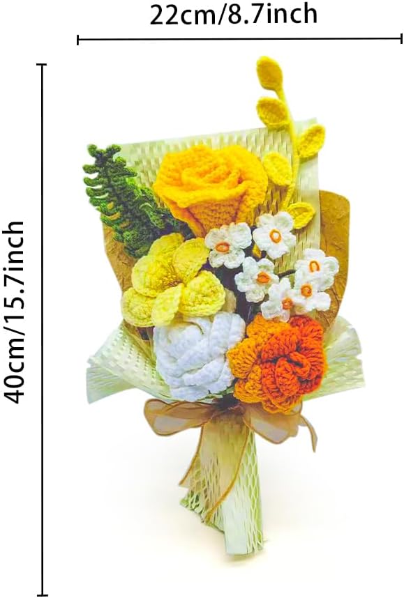 Marvogo Crochet Flowers Crochet Bouquet Handmade Crochet Rose Bell Orchid Suitable Tulip Fern Leaf as a Gift for Lover, Family,Friends. Artificial Flower Finished Bouquet (Yellow)