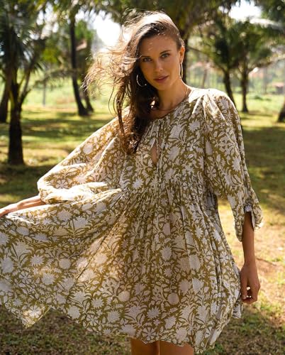 Image of Boho Dresses for Women Floral V Neck Puff SLVS Babydoll Short Beach Dress