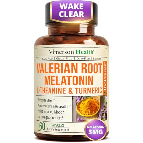 Melatonin 3mg + Valerian Root for Sleep, Daily Calm & Stress Relief Support – Natural Sleep Aid: Organic Turmeric Melatonin Valerian Supplement with L-Theanine, Ginger & Black Pepper – 60 Capsules