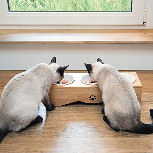 Navaris Cat Bowls With Stand - Elevated Triple Feeder For Cats - Ceramic Pet Bowl Dishes 3-Pcs Set With Printed Designs And Raised Bamboo Wood Holder #TOP1