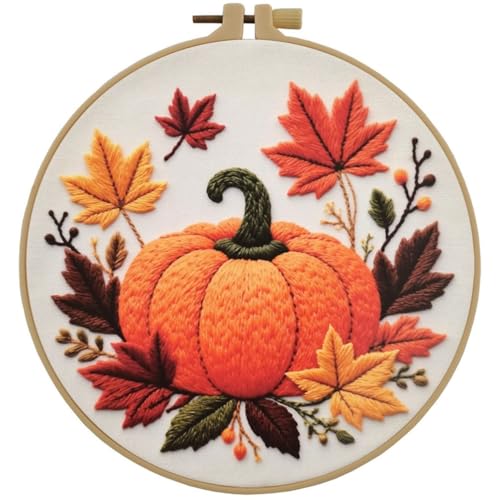 Image of Esffaci Embroidery Starter Kit for Adult Beginner with Pumpkin Flower Pattern Hand Embroidery Set with Cloth Hoop Needle Threader Floss and Instruction