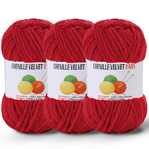 Image of 3 * 100g /3.5oz Fluffy Chenille Yarn for Crocheting, Chunky Velvet Yarn for Crochet Amigurumi, Used for Making Baby Yarns Blanket, Clothes, Pattern Knitting Creations (Red)