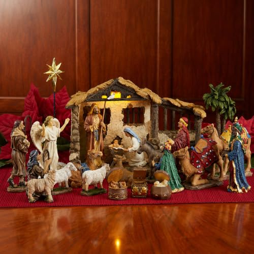 Three Kings Gifts Nativity Set for Christmas Indoor 23 Piece 5 Inch Figures with Lighted Stable, Palm Tree and Chests of Gold, Frankincense and Myrrh