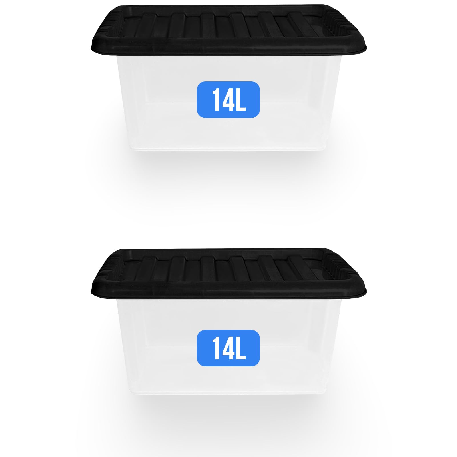 KAPCO 2 x Storage Boxes with Lids 14 Litre | Transparent Plastic Bin for Home, Shoe, Toy, Pantry, Craft Supplies | BPA Free Stackable, Dustproof, Durable Containers | Black Lid Storage Box Organiser