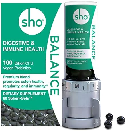 SHO Balance 100 Billion CFU Prebiotics & Probiotics for Digestive Health, Gut Health Vegan Supplement for Women & Men, Lactobacillus Casei, Shelf Stable 60 Softgels with Dispenser