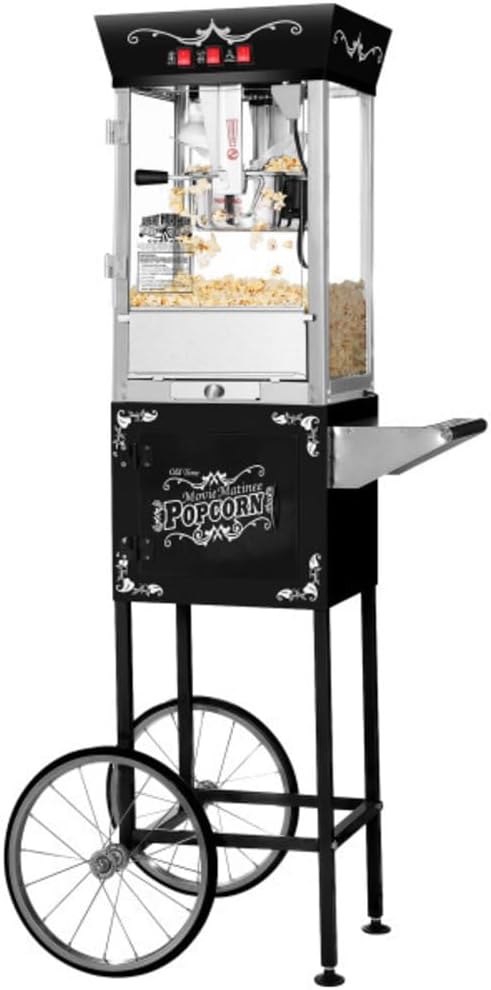 (not tested)matinee popcorn machine with cart - 8oz popper with stainless-steel kettle, warming light, and accessories by great northern popcorn (black)