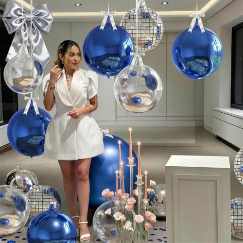 Image of 9 Pcs Blue Silver Round Foil Balloons Dark Navy Blue Metallic Silver Disco 4D Ball Balloons 22 In Ornament Mylar Balloon for Birthday Graduation Wedding Anniversary Retro Disco Prom Party Decor