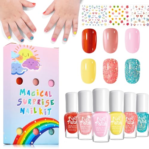 Kindernagellack Set auf Wasserbasis - Ungiftig Schnell Trocknend - 6 Glitzer Farben Peel off Nagellack Kinder - Schnelltrocknend Nagelset Perfekt Geburtstagsgeschenke DIY Nail Salon für Mädchen