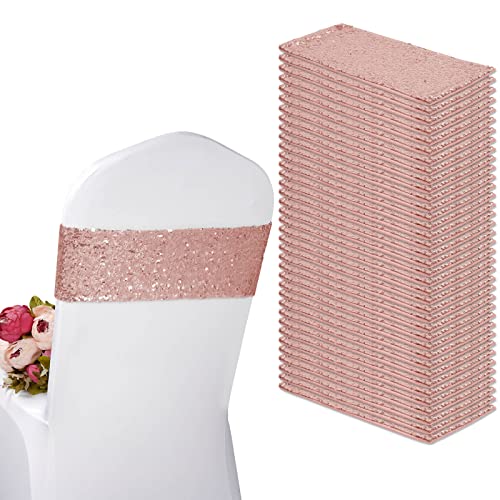 60 PCS Sequin Chair Sashes Elastic Spandex Chair Bands Rose Gold Chair Sashes Stretch One-Sided Sequins Chair Cover Chair Decor for Wedding Birthday Party Hotel Party Banquet Chairs Decorations