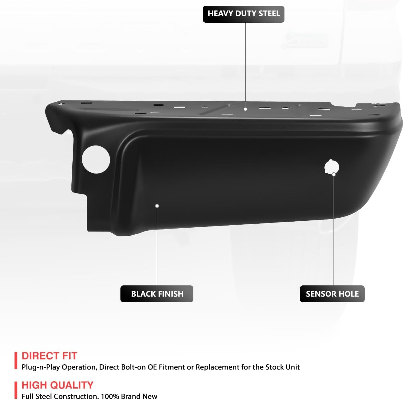 DNA MOTORING Pair of Rear Bumper Ends Compatible With Ford F250 / F350 / F450 SD 2008-2016, With Park Assist, FO1105123, Black, BUMP-R-F25008-C-02-BK