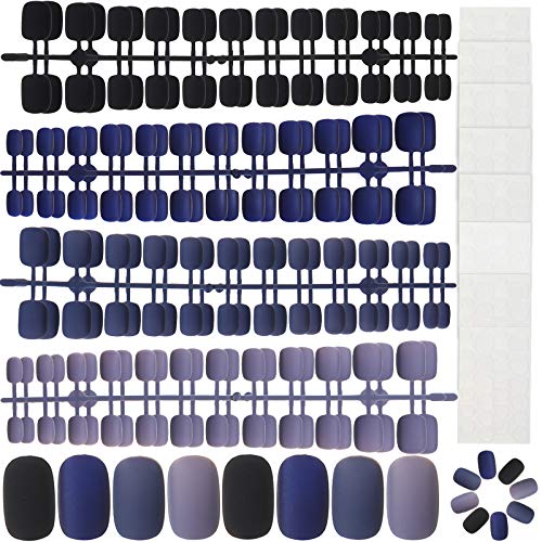 192 Piece Short Press on Nails Fake Nails Square Short Matte Press On Nails with Double-Sided Nail Adhesive Sticker Acrylic Nail Full Cover False Gel Nail Art (Black, Dark Blue, Azure Blue, Grey-blue)