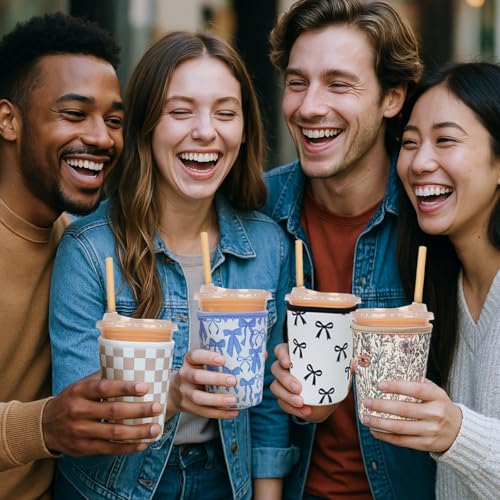 Image of Reusable Insulated Neoprene Iced Coffee Cup Sleeve, Durable Drink Sleeve for Cold Beverages, Beverage Holder for Iced Coffee (Bloom Magic)