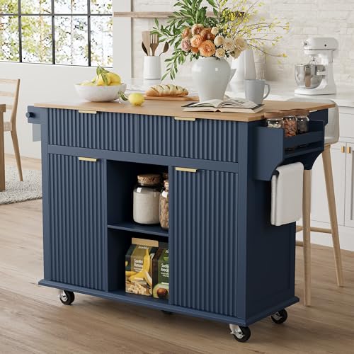 win2win Rolling Kitchen Island with Storage, Portable Fluted Kitchen Island with Drop Leaf, 2 Drawers and 2 Cabinets, Modern Farmhouse Kitchen Cart on Wheels with Towel Rack, Spice Rack, Blue
