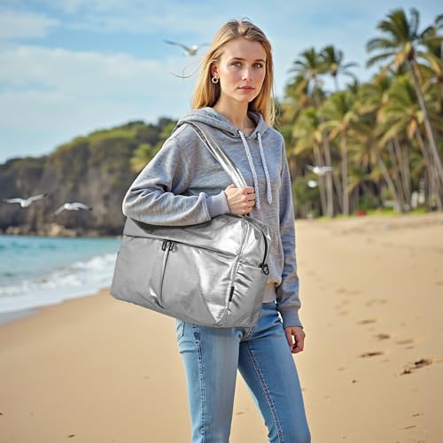 Compact Travel Duffel Bag for Women, 45L Gym Bag - Stylish Weekender Bag with Shoe Pocket, TSA-Approved Carry-On for Airplane, Fitness, Weekend (Silver)2