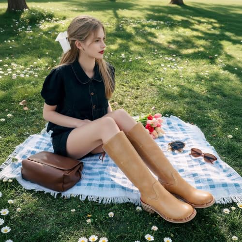 Image of UBWDU Women's Knee High Boots Chunky Block Heel Long Boots Square Toe Low Heel Boots for Women