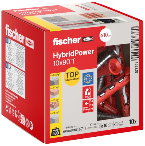 Fischer HybridPower 10 x 90 T, Dübel für Höchste Tragfähigkeit und Sicherheit, Einfache Montage ohne Setzwerkzeug, Universell für Loch- und Vollbaustoffe, Mauerwerk, Beton, Sicher auch im Brandfall