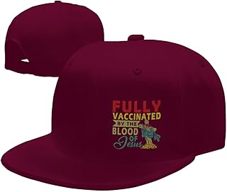 Fully Vaccinated by The Blood of Jesus Flat Bill Baseball Cap Funny Snapback Hat Hip Hop Adjustable Dad Trucker Hats Flat Brim Caps for Men Women Dark Red
