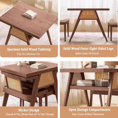 Walnut Bistro Rattan Dining Set - Solid Wood Square Table & 2 Stackable Chairs for Small Spaces, Modern Outdoor/Indoor Furniture, Perfect for Patio, Garden, and Dining Room