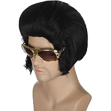 Mens 60s Wig 50s Rock Costume Grease Legend Punk Hallowen Wig with Glasses