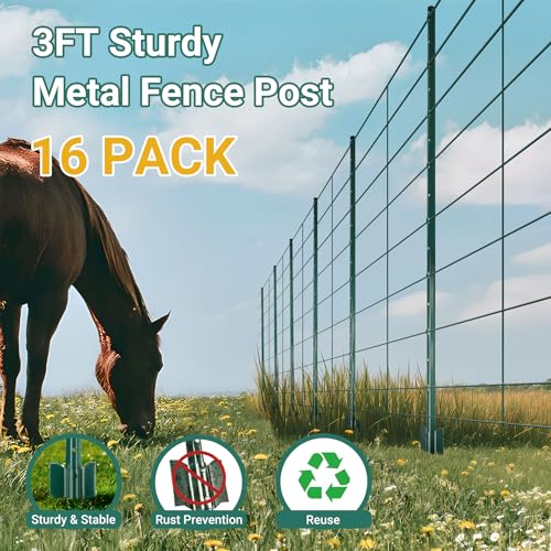 Toriexon Metal Fence Posts 3 FT, Pack of 16 Green Heavy Duty U Posts, No Dig T Posts for Fences Wire Mesh, Perfect for Temporary Fencing, Electric Fence Wire, Corner Anchor by Toriexon - Image 2