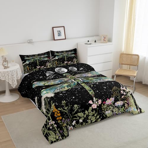 Image of Wildflower Dragonfly Bedding Set Inner Fill for Boys Girl Twin,Moon Phase Botanical BKids Comforter Vintage Plant Nature Blossom Leaf Floral Garden Herbs Leaves Comforter Set,Bohemian Quilt Set Decor