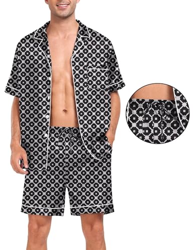 Image of SWOMOG Men Silk Pajama Set Short Sleeve Satin PJs Sets 2 Piece Button Down Sleepwear Soft Summer Loungewear with Pockets