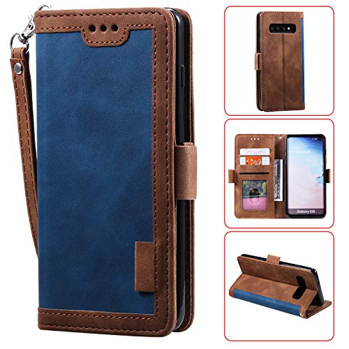 Nadoli Card Slots Wallet Case for Samsung Galaxy S10,Magnetic Handbag Pocket PU Leather Flip Wrist Strap Folio TPU Inner Stand Cover,Brown Blue