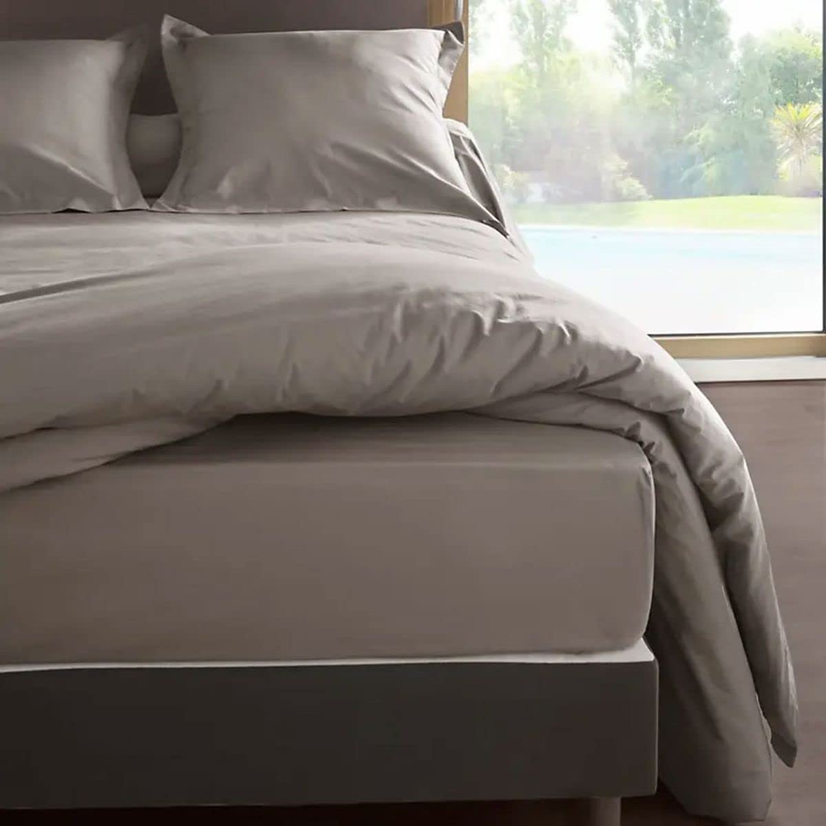 Drap housse 90x190 cm Vent du sud Manoir cendre en coton tissage serré
