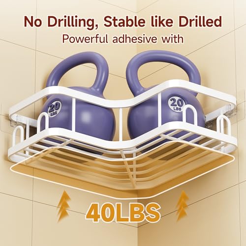 Image of Veken Corner Shower Caddy 3-Pack, Advanced Rustproof Design&Stable Storage | No Drilling Adhesive Shelves, Rack with Soap Holder & Hooks, Thickened Metal Frame, Bathroom Organizers and Storage, White