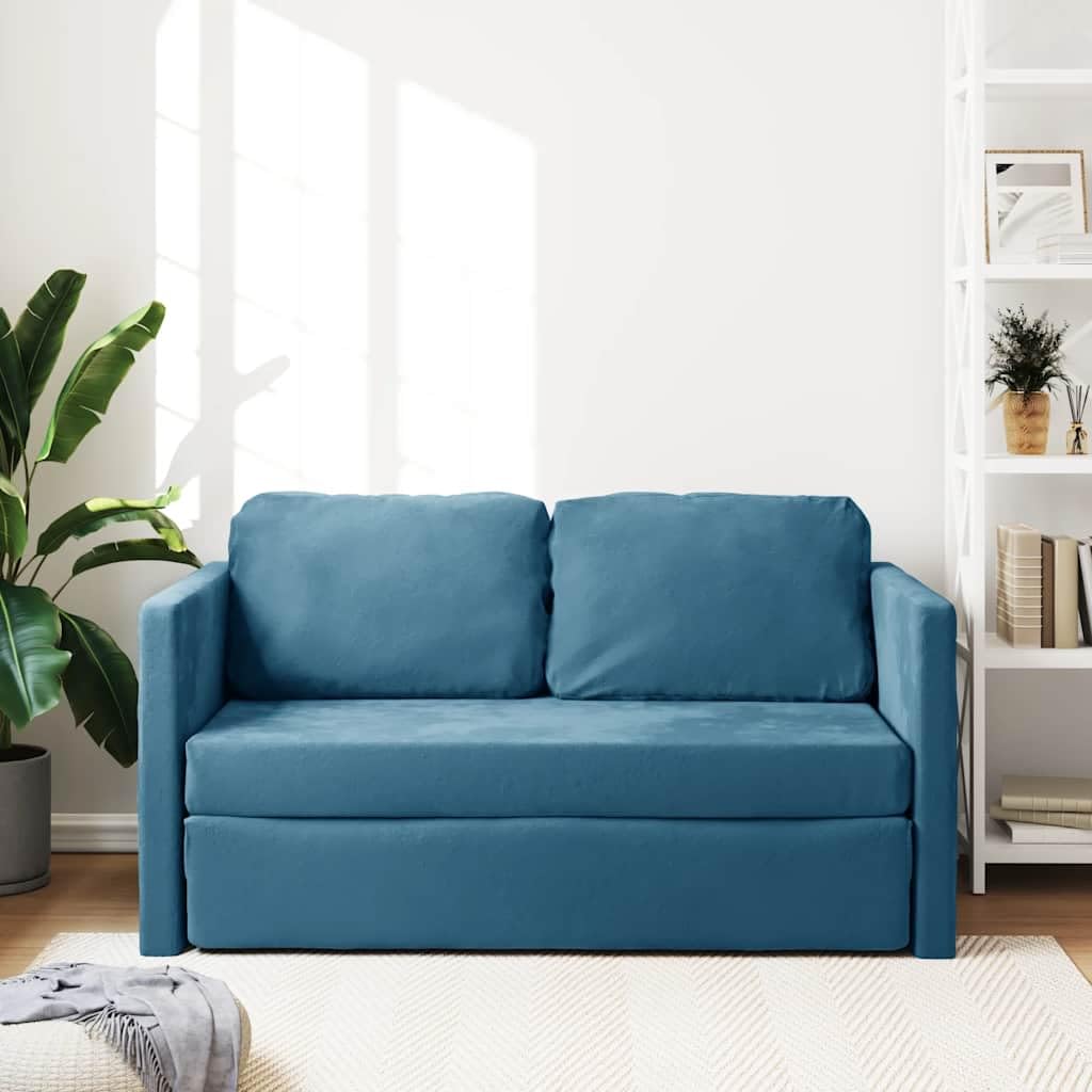 Sofa podłogowa z funkcją spania, niebieska, 122 x 204 x 55 cm, aksamitne obicie, design 2 w 1, metalowy stelaż, wygodne łóżko podłogowe do salonu i małych pomieszczeń
