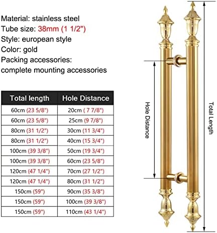 European Style Stainless Steel Commercial Door Handle Push Pull Bar for Wood and Glass Doors Gold Finish 150cm (59")*90cm