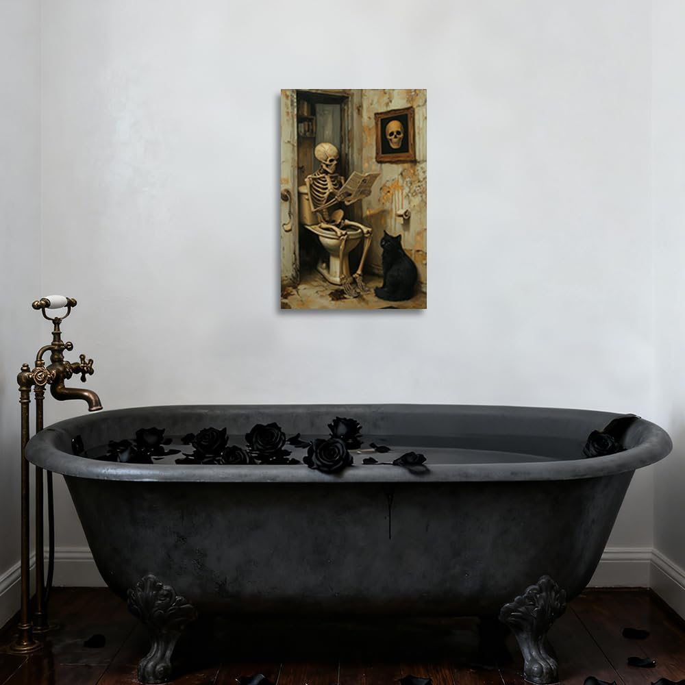 CGXLB Skull Picture Skeleton in Bathtub Wall Art Skull Toilet Painting Gothic Bathroom Wall Decor for Home 12"x18"
