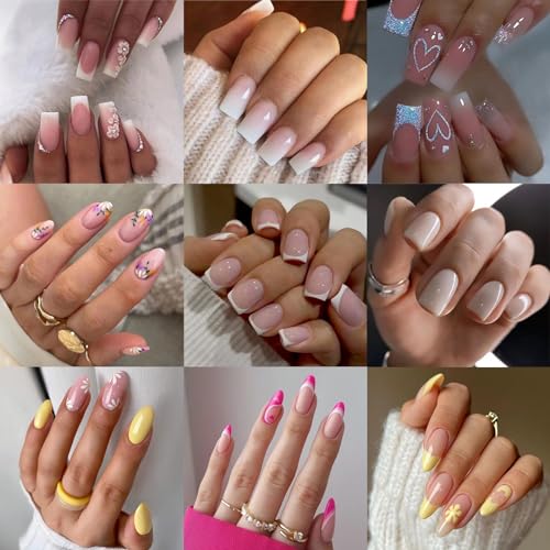 9 Packs Press on Nails Short, 216Pcs Pink Gradient Press on Nails Square, Glue on Nails for Girl Nail Art, 12 Size of Fake Nails - 9 Styles Nail Kits