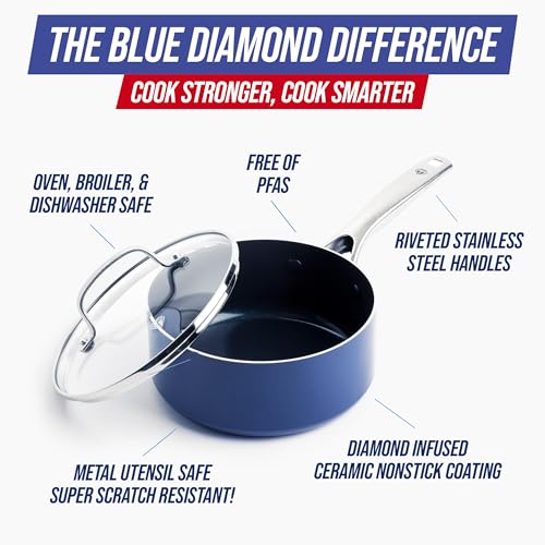 Blue Diamond Nonstick, Non-Toxic PFAS-Free 2QT Saucepan with Lid, Dishwasher & Oven Safe, Stay Cool Handle, Blue - Image 5